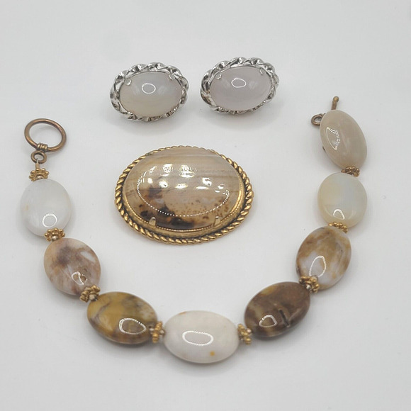 Vintage Stone Brooch Bracelet Earrings Set 7.25" - Picture 1 of 14